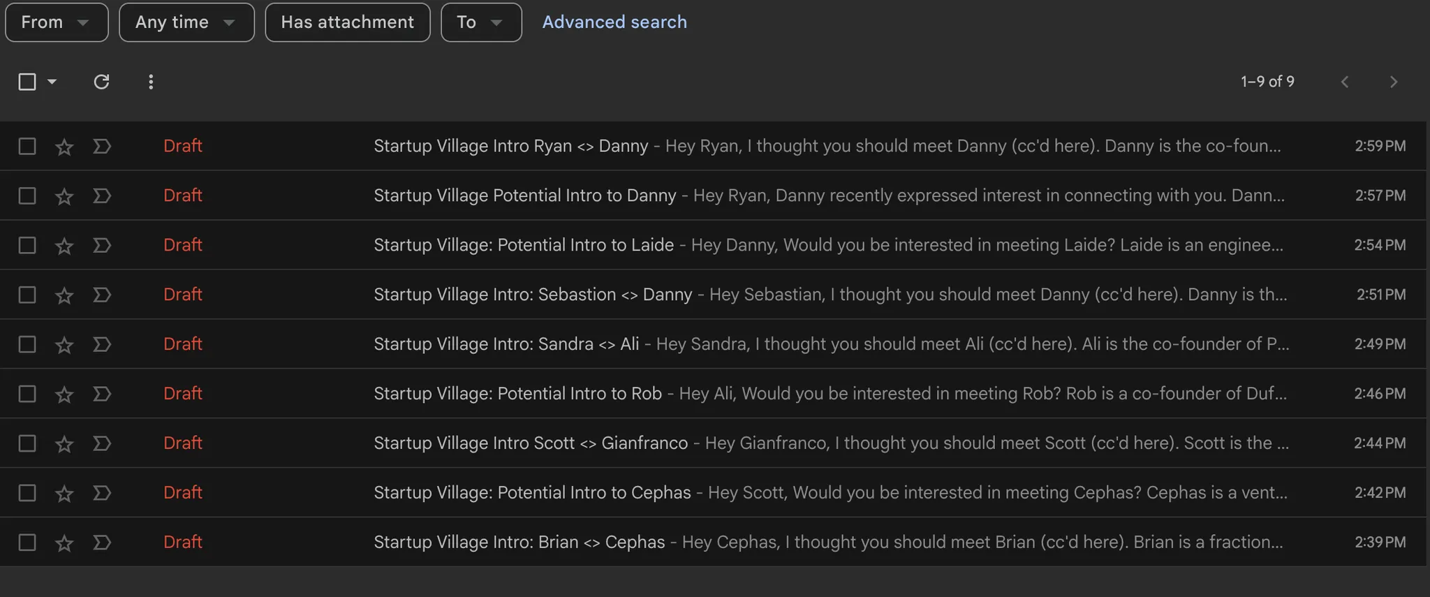 Inbox with Mashy introduction drafts